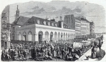 Quai des Augustins: Marche de la Vallee - Incisione in "Tableau-de-Paris" di Edmond Texier