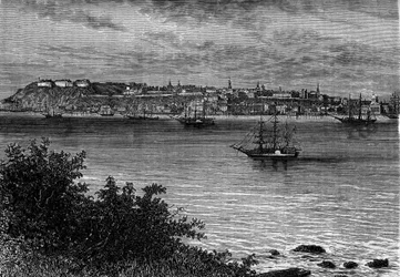 Città di Quebec, Canada, dalla riva destra del San Lorenzo. Incisione in "Le Journal de la jeunesse".