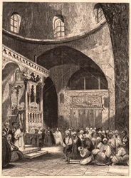 Rabbino e congregazione in una sinagoga a Gerusalemme