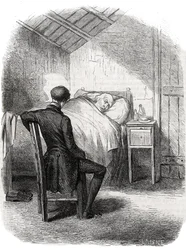 Rastignac rimase solo vicino al vecchio, seduto ai piedi del letto... Incisione della metà del XIX secolo. Illustrazione per "Il padre Goriot" di Honoré de Balzac (1799-1850).