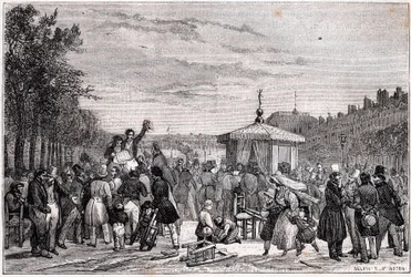 Lettura delle sentenze pubblicate sul giornale Moniteur nei giardini del Palazzo Reale a Parigi il 26 luglio 1830 durante la guerra civile - Rivoluzione del 1830 - Lettura delle prescrizioni nel Moniteur, al giardino del Palais-Royal, il 26 luglio 1830 all
