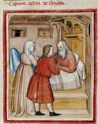 Rebecca porta suo figlio Giacobbe, minacciato di morte dal fratello Esaù, davanti al marito Isacco per togliere la sua benedizione Miniatura dal Codice 212 (o padovano o Bibbia di Padova) 1390-1400 Rovigo, Accademia dei Concordi