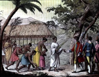 Accoglienza del navigatore Samuel Wallis dalla regina Oberea a Tahiti. Navigazioni di Cook, Milano