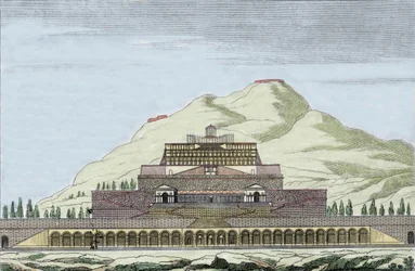 Ricostruzione del tempio della Fortuna a Palestrina, Italia. Incisione del XIX secolo