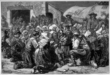 Costume regionale della Francia, matrimonio bretone: preghiere del mendicante per gli sposi. Incisione in 
