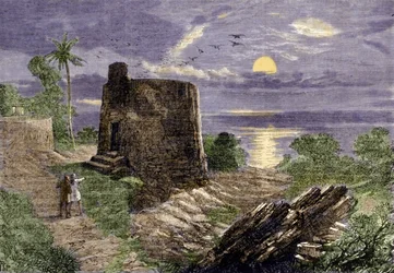 Religione dei Farsi (seguaci di Zarathustra): il rituale funebre consiste nel collocare i corpi dei defunti in una torre, la Torre del Silenzio, dove vengono divorati dagli avvoltoi. Regione del Malabar.
