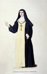Religiosa di Nostra Signora della Misericordia. Incisione da un album sugli ordini religiosi, Parigi