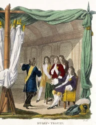 René Duguay Trouin (Duguay-Trouin) (René Trouin du Gué detto) (1673-1736) davanti al re Luigi XIV (1638-1715). Incisione del XIX secolo