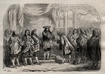 René Duguay Trouin (Duguay-Trouin) (René Trouin du Gué detto) (1673-1736) riceve la croce di Saint-Louis dalle mani del re Luigi XIV - incisione in "Dictionnaire populaire illustré" - 1864 - di Joseph Decembre e Edmond Allonier