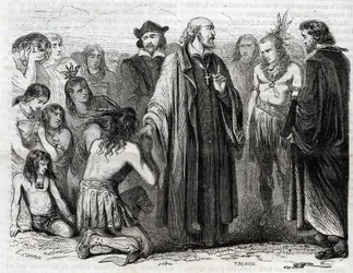 Rappresentazione di Bartolomé de las Casas (1484-1566) sacerdote domenicano, missionario con gli indiani (Ritratto di Bartolomé de las Casas, frate domenicano e protettore degli indiani - incisione del 1860)