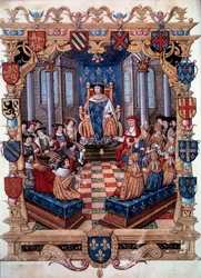 Rappresentazione del Re Francesco I (1494-1547) circondato dai suoi dodici pari. Da una miniatura. XVI secolo. Chantilly, Museo Condé