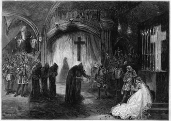 Rappresentazione di "Maria Tudor", dramma in tre atti e prosa di Victor Hugo, al Théâtre de la Porte Saint-Martin a Parigi nel 1873