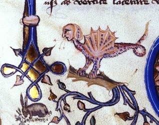 Rappresentazione di un animale fantastico metà uomo metà drago. Miniatura di un manoscritto del XIV secolo