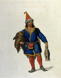 Rappresentazione di un indigeno Sami (vivente nei territori di Norvegia, Svezia, Russia, Finlandia) di ritorno dalla pesca. Incisione del XIX secolo