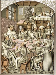 Rappresentazione di funzionari nel XIV secolo. Cromolitografia dal libro dei conti della confraternita 