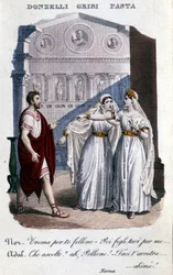 Rappresentazione degli interpreti della prima rappresentazione di "La Norma" di Vincenzo Bellini (1801 - 1835): da sinistra a destra Domenico Donzelli (Pollione), Giuditta Grisi (Adalgisa) e Giuditta Pasta (Norma). 1833
