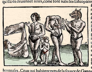 Rappresentazione dei mostri descritti da Amerigo Vespucci (1451-1512): da sinistra a destra: un manopode, un ciclope, un uomo con due teste, un uomo senza testa e un uomo con testa di cane o cinocefalo. Xilografia tratta da 