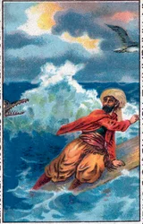 Salvataggio su una tavola. Le meravigliose avventure di Sinbad il marinaio. Racconto popolare delle Mille e una notte. Cromolitografia della fine del XIX secolo