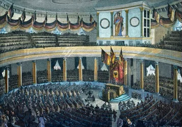 Rivoluzioni 1848 - 1849: Assemblea Nazionale Tedesca alla Chiesa di San Paolo a Francoforte sul Meno - incisione colorata su legno