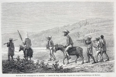 Richard Francis Burton, esploratore britannico (1821-1890), e i suoi compagni in Africa. Disegno che illustra l