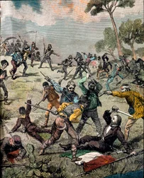 Risorgimento: il rivoluzionario italiano Carlo Pisacane (1818-1857) è assalito dai contadini a Sapri il 28/06/1857. Incisione Collezione Privata