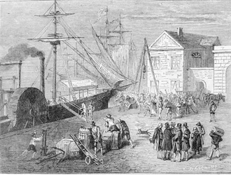 Robert Fulton, costruttore americano imbarcato sul Clermont, una barca costruita nel 1807 per fornire la connessione New York - Albany sul fiume Hudson. Incisione del XIX secolo