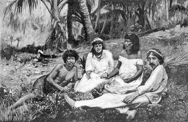 Robert Louis Stevenson (1850 - 1894) con sua moglie a Samoa dove aveva la sua residenza pubblicata a Vailima. Incisione intorno al 1890-1895.