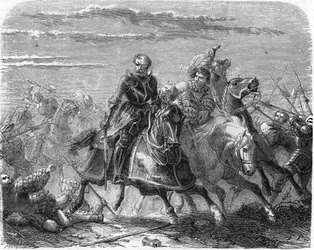 Roberto della Marca dei Landsknechts, porta via il corpo del figlio dagli svizzeri (incisione del XIX secolo)