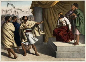 Roboamo, il primo re di Giuda, scatenò la rivolta delle dieci tribù settentrionali. Incisione anonima della metà del XIX secolo