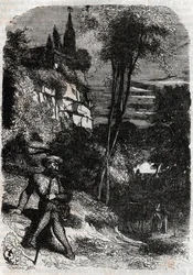 Rodomonte, Isabella e il Vecchio Eremita - incisione del 1851 da "Orlando furioso" (XVI secolo) di Ludovico Ariosto, edizione tradotta dall