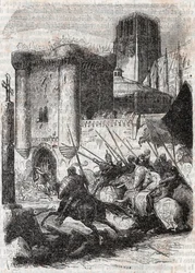 Rodomonte sfonda le porte del Palazzo a Parigi - incisione del 1851 da "Orlando furioso" (XVI secolo) di Ludovico Ariosto, edizione tradotta dall