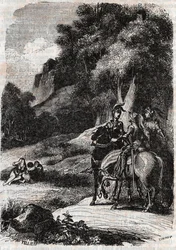 Ruggero, Marfisa e le tre donne - incisione del 1851 da "Orlando furioso" (XVI secolo) di Ludovico Ariosto, edizione tradotta dall