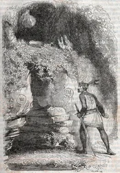 Orlando trova le figure di Medoro e Angelica - incisione del 1851 da "Orlando furioso" (XVI secolo) di Ludovico Ariosto, edizione tradotta dall