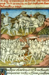 La morte di Rolando. Carlo Magno invia i suoi cavalieri a combattere; il cavaliere Rolando viene ucciso nella Battaglia di Roncisvalle (778) - Miniatura del Medioevo (rif. 512)
