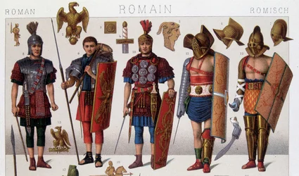 Costumi di gladiatori romani e guerrieri. Cromolitografia del XIX secolo