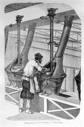 Reale Fabbrica di Tabacchi: macinazione del tabacco. Incisione del XIX secolo.
