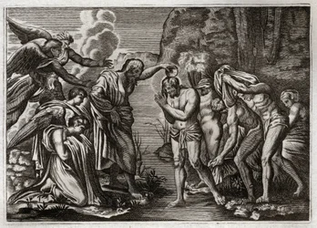 Bibbia di Royaumont, Nuovo Testamento: Battesimo di Gesù Cristo. San Giovanni Battista battezza Gesù Cristo nelle acque del fiume Giordano. Illustrazione del 1811.