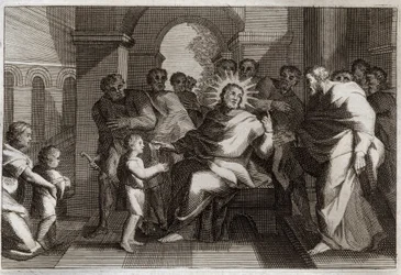 Bibbia di Royaumont, Nuovo Testamento: Bambino modello di umiltà. Gesù Cristo propone ai suoi discepoli un bambino come modello del cristiano umile. Illustrazione del 1811.