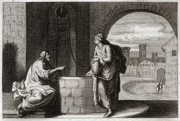 Bibbia di Royaumont, Nuovo Testamento: Cristo e la Samaritana al Pozzo. Gesù Cristo converte una donna samaritana. Illustrazione del 1811.