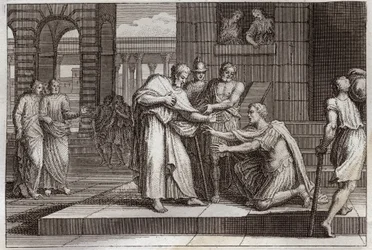 Bibbia di Royaumont, Nuovo Testamento: Cornelio battezza. Cornelio il centurione riceve la fede di Gesù Cristo, e viene battezzato da San Pietro. Illustrazione del 1811