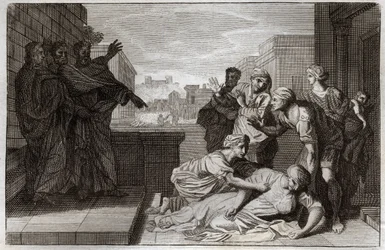 Bibbia di Royaumont, Nuovo Testamento: Morte di Anania e sua moglie Saffira davanti a San Pietro e San Giovanni. Illustrazione del 1811.