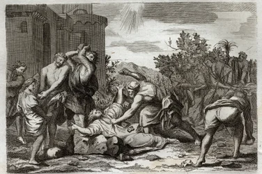 Bibbia di Royaumont, Nuovo Testamento: Morte di Santo Stefano, primo martire cristiano, per lapidazione. Illustrazione del 1811.