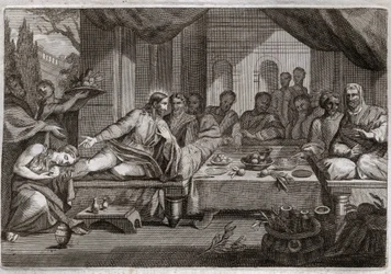 Bibbia di Royaumont, Nuovo Testamento: Cena a casa di Simone il Fariseo. Maria Maddalena va a piangere ai piedi di Gesù Cristo a casa di Simone il Fariseo e ottiene il perdono dei suoi peccati. Illustrazione del 1811