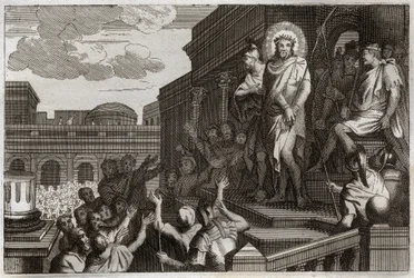 Bibbia di Royaumont, Nuovo Testamento: Ecce homo. Ponzio Pilato (Pontius Pilatius) presenta Gesù Cristo con le spine alla folla dicendo, “Ecco l