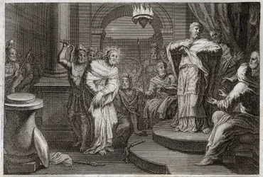 Bibbia di Royaumont, Nuovo Testamento: Gesù Cristo davanti a Caifa e Anna (Hanan o Anne o Hanne). Illustrazione del 1811.