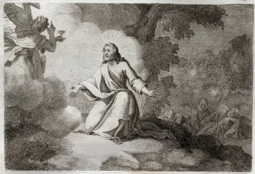 Bibbia di Royaumont, Nuovo Testamento: Gesù Cristo nel Giardino (preghiera sul Monte degli Ulivi). Un angelo che tiene un calice appare a Gesù. Gli apostoli San Pietro, San Giovanni e San Giacomo dormono. Illustrazione del 1811.