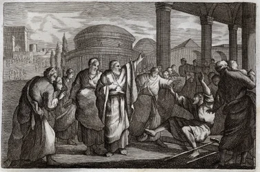 Bibbia di Royaumont, Nuovo Testamento: Guarigione dello zoppo. San Paolo guarisce uno zoppo e ferma un popolo che voleva sacrificargli come un dio. Illustrazione del 1811.