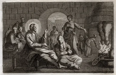 Bibbia di Royaumont, Nuovo Testamento: Marta e Maria. Gesù Cristo entra nella casa di Marta, che si affretta a riceverlo mentre sua sorella, Maria di Betania, ascolta la sua parola. Illustrazione del 1811.