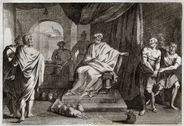 Bibbia di Royaumont, Nuovo Testamento: Parabola dei talenti. Un padrone punisce uno dei suoi servi che ha nascosto il denaro che gli aveva dato. Illustrazione del 1811