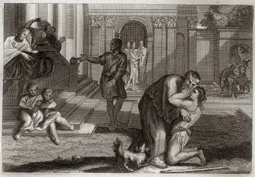 Bibbia di Royaumont, Nuovo Testamento: Parabola del Figliol Prodigo. Il figlio ritorna a casa dopo aver perso tutti i suoi beni. Viene a chiedere perdono a suo padre. Illustrazione del 1811.